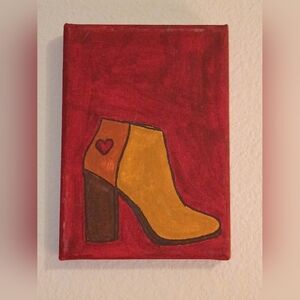 Handpainted Brown High Heel Boot Acrylic Painting On Canvas Wall Decor Signed